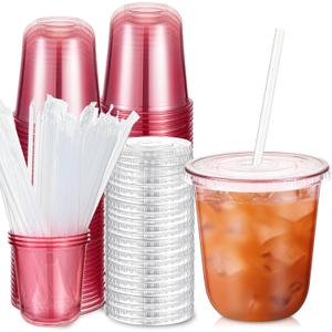 Ziliny 50 Sets Clear Plastic Cups with Lids and Straws, Disposable Iced Coffee Cups Drinking PET for Cold Drinks, Juice, Smoothie, Coffee Shops, Party, Christmas (12 oz,Pink)