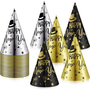 Hanaive 48 Pack Bulk New Year's Eve Party Hats New Years Party Supplies 2026 Black Gold Silver Cone Hats for Adults Photo Props Decorations, 3 Colors