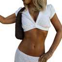 ACOSAP 2026 Women's Y2K Going Out Tops Sexy Deep V Neck Short Sleeve Crop Tops Pleated Button Down Shirts Trendy Summer Clothes White, Large
