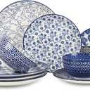 Selamica Ceramic Dinnerware Sets, 12-Pieces Plates and Bowls Sets, Scratch Resistant Dishes set for 4, Dishwasher & Microwave Safe,Vintage Blue