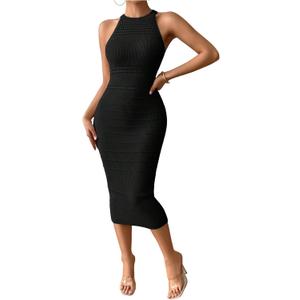 GORGLITTER Women's Crochet Halter Midi Dress Prom Wedding Guest Dress Sleeveless Knit Bodycon Summer Going Out Sundress (Medium, Black)