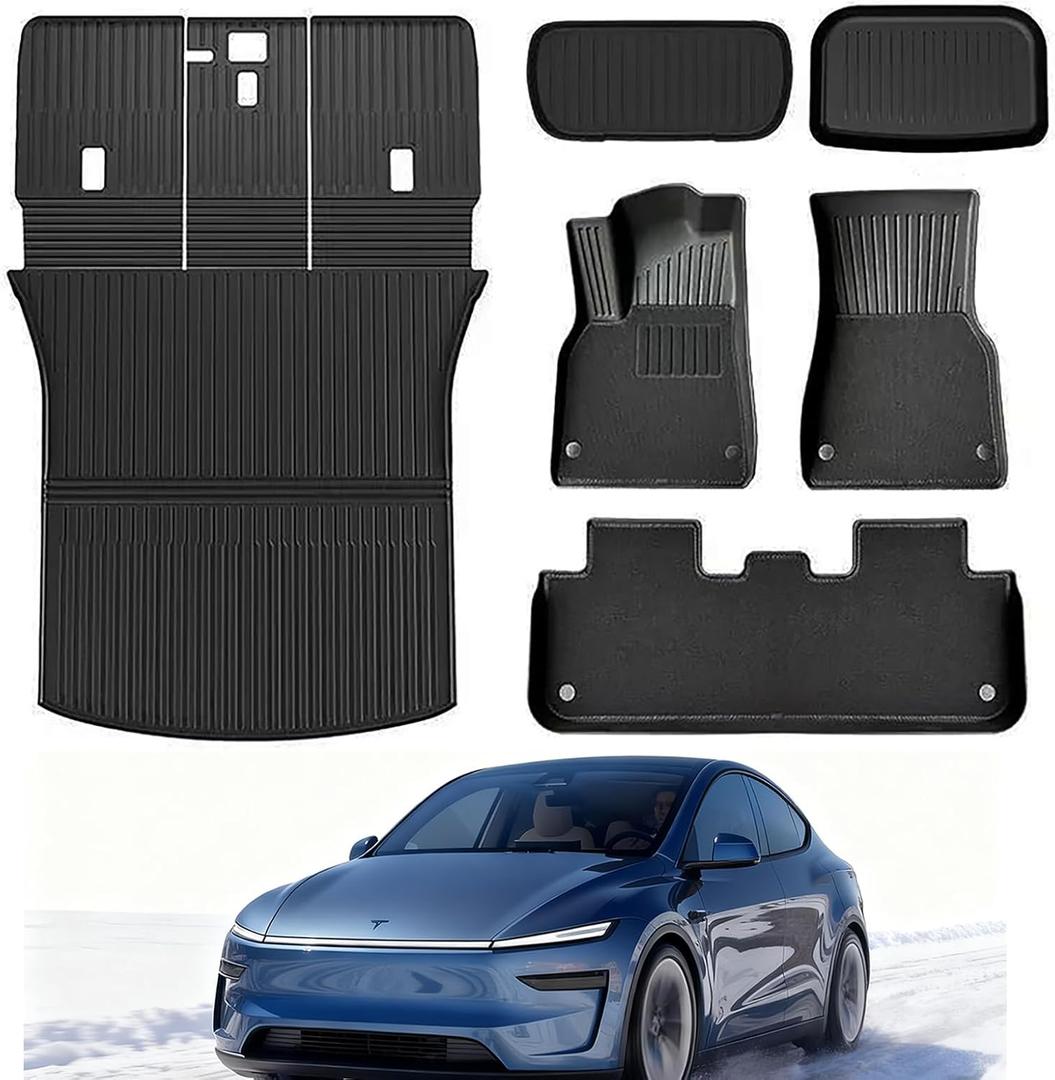 2026 Tesla Model Y Juniper(5 Seater) Double Layer Floor Mats & Trunk Mat & Back Seat Protector & Frunk Mat & Rear Cargo Storage Tray Covers Full Set(9 Piece Set) Premium TPE All-Weather (Black)