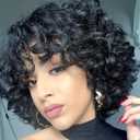 Short Curly Human Hair Wigs for Black Women Glueless Bouncy Curly Bob Wig With Bangs Big Curl Natural Looking Human Hair Wig for African American Women 8 Inch
