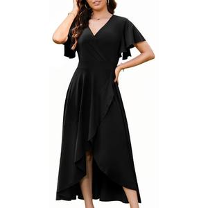WEACZZY Formal Dresses for Women Gowns Evening Party Cocktail Dress Long Split Elegant V Neck Wrap Ruffle Wedding Guest Dresses, Black, L