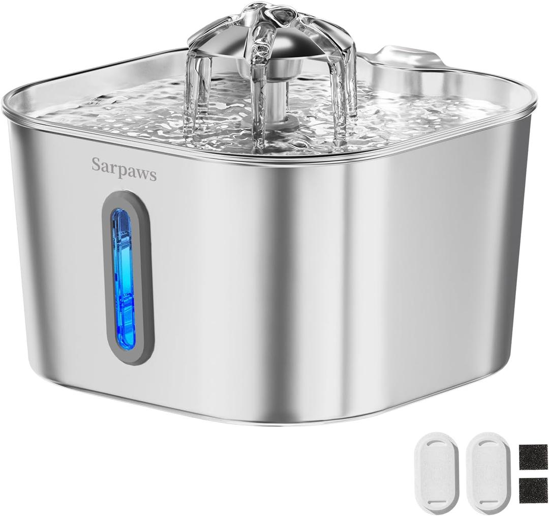 SARPAWS Cat Water Fountain Stainless Steel74oz/2.2L Water Fountains for Cats Indoor, Cat Fountains for Drinking, Ultra-Quiet, Water Level Window, Pet Water Fountain - 2 Filters + 2 Sponges