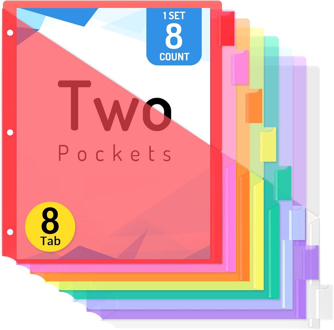 Forvencer 8 Count Dividers with Two Pockets, 8 tabs Binder Dividers for 3 Ring Binder Organizer, Multicolor, 1 Set (Red)