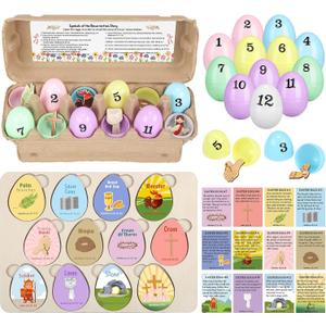 Skylety Resurrection Story Eggs Gift Set Christian Easter Craft Kits with 12 Religious Easter Cards 12 Wooden 2D Egg 12 Resurrection Story Eggs with Meaningful Symbols for Basket Stuffers Holy Week