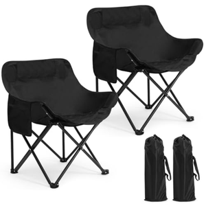 Seeloowy 2 Pack Compact Camping Chairs Portable Folding for Outside with Carry Bag Lightweight Moon Chairs for Travel Picnic Hiking Beach Fishing, 600D Oxford, Supports 330lbs(Black)