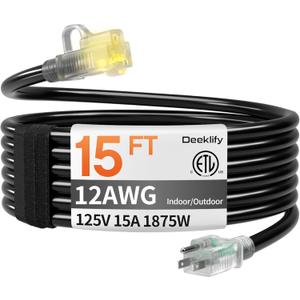 12AWG 15 FT Heavy Duty Outdoor Extension Cord Waterproof with Lighted End, Black 12 Gauge Extension Cord Flexible and Cold Resistant 3 Prong Grounded Plug, 15Amp 1875W SJTW ETL Listed