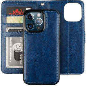 Bocasal Detachable Wallet Case for iPhone 13 Pro RFID Blocking Card Slots Holder Premium PU Leather Magnetic Kickstand Shockproof Wrist Strap Removable Flip Protective Cover 5G 6.1 inch (Blue)