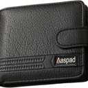Aaspad Leather Wallet for Men's Gift Bifold Style Fasten with Belt Buckle Button Closure Bank Credit Card Slots Coin/Airtag pockets and 2 transparent Photos and ID Windows(Black)