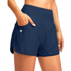 G Gradual Women's 3" High Waisted Swim Board Shorts with Pockets Quick Dry Swimsuit Bottoms Bathing Suit for Women with Liner (Medium, Dark Blue)