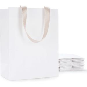 White Gift Bags, 10Pcs 8x4.25x10 Medium Paper Gift Bags with Handles, White Paper Shopping Bag Bulk, Merchandise, Goodie, Boutique Bag