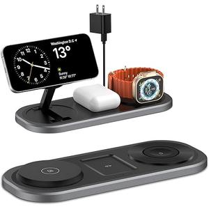 3 in 1 Fast Wireless Charger Stand for iPhone, Foldable Travel Charging Station for Magsafe for iPhone 17/Air/16/15/14/13/12 Series, Apple Watch Serie, AirPods pro/2/3/4, 2025 Christ mas Gifts (Black)