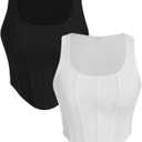 WDIRARA Women's 2 Pack Crop Bustier Corset Tank Top Sleeveless Square Neck Asymmetrical Hem Ribbed T Shirts (X-Large, Black and White)