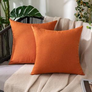 MIULEE Pack of 2 Decorative Outdoor Solid Waterproof Throw Pillow Covers Faux Linen Garden Farmhouse Cushion Cases for Summer Patio Tent Balcony Couch Sofa 18x18 Inch Orange