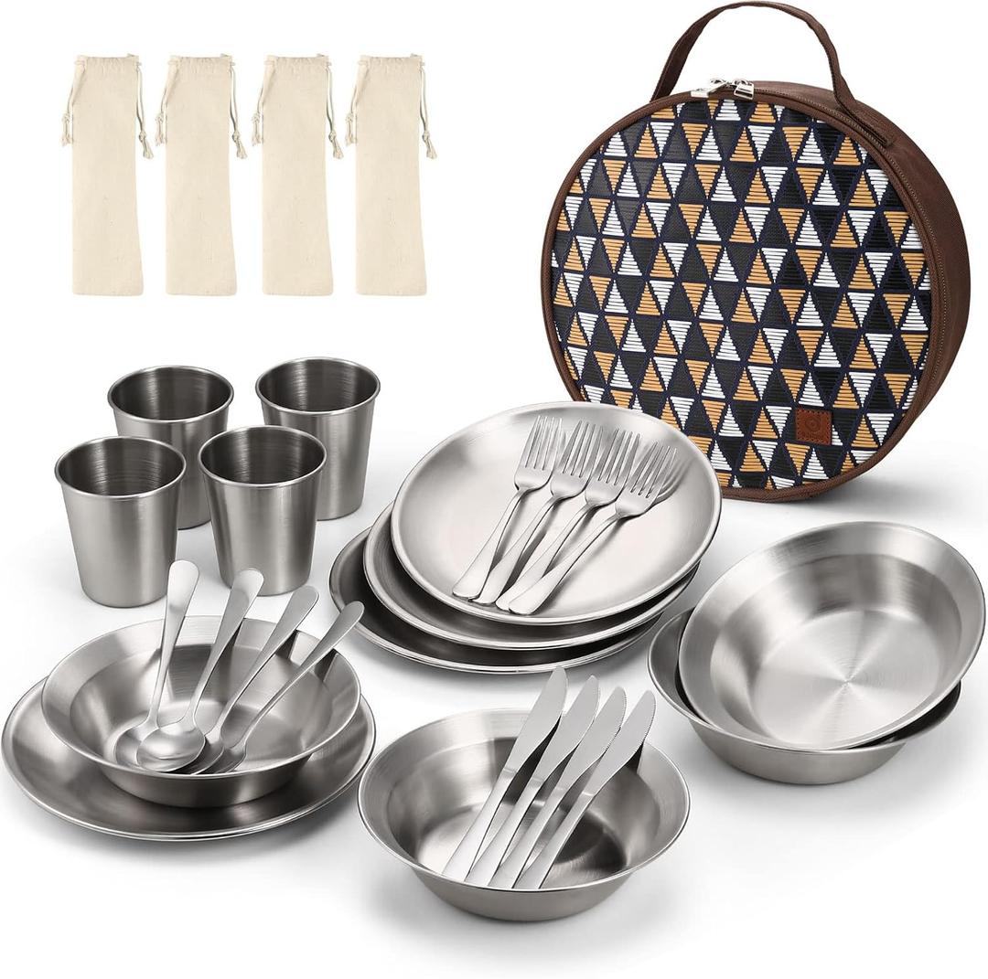 Odoland Stainless Steel Camping Mess Kit for Family & Person, Cooking Tableware Utensils with Plates Bowls Forks Spoons Knives & Savings Bag for Camping, Backpacking, Hiking, Picnic