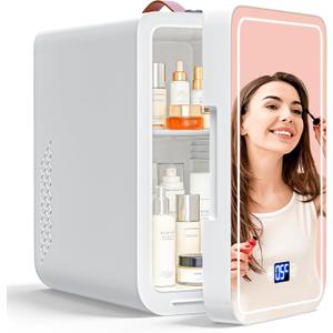 6L Mini Fridge with 3-Level Dimmable LED Mirror, Cooling & Warming, AC/DC Portable Skincare Fridge for Dorm, Car, Office, 10.2 x 7 x 11.4 inches