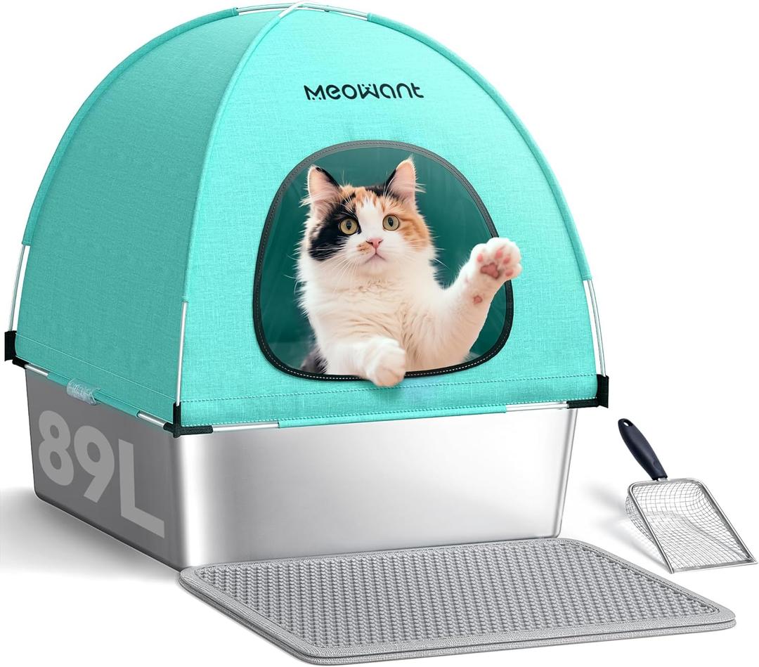 Extra Large 3-in-1 Enclosed Stainless Steel Cat Litter Box with Lid, High-Sided Oxford Cover, Metal Scoop, Odor Free, Leakproof & Easy-Clean Design