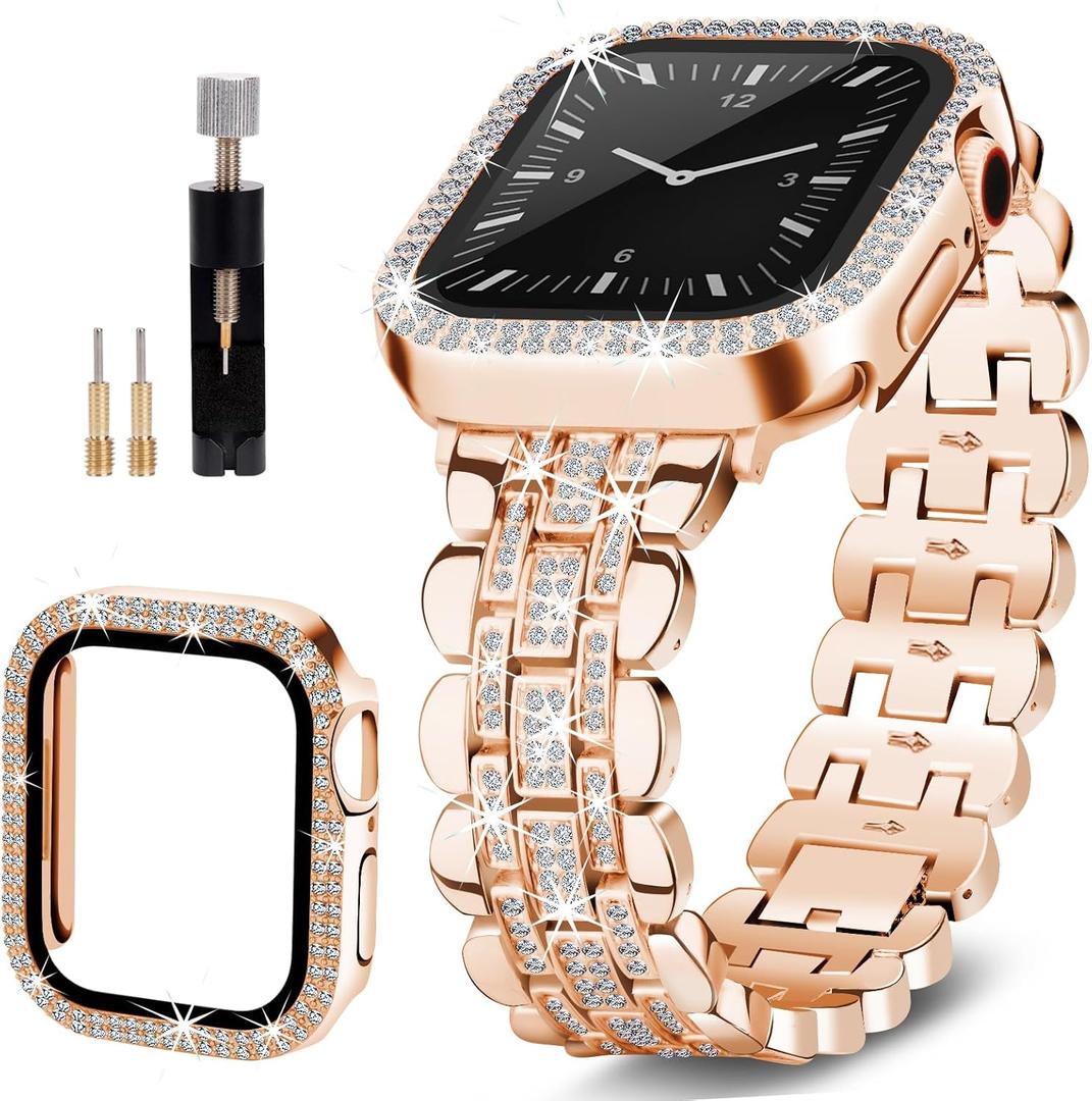 Bling Strap Compatible with Apple Watch Band 46mm for Women, Diamond Jewelry Replacement with Crystal Protector Case for Series 10 Apple Watch Bands Rose Gold, Metal Shiny Bracelet for iWatch Girl