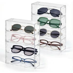 2PCS Sunglass Organizer for Multiple Pairs Clear Acrylic Organizer, 9.65 * 6.89 * 2.56 Inch Plastic Stackable Eyeglass Case Storage Organizers with 4 Drawers for Glasses Jewelry Watch Storage