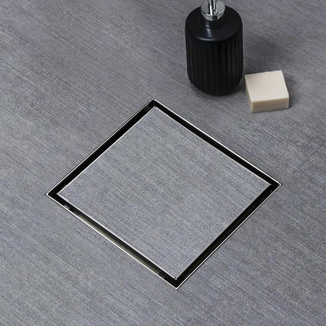 SaniteModar Shower Drain, Invisible 6 inch Square Shower Drain 2-in-1 Tile Insert Cover, 304 Stainless Steel Brushed Shower Floor Drain with Hair Catcher and Threaded Adapter