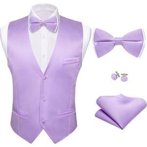 Barry.Wang Mens Suit Vest Bow Tie Set 4PCS Formal V-neck Slim Fit Casual Solid Color Waistcoat Wedding Party Tuxedo (Purple, XXXL)