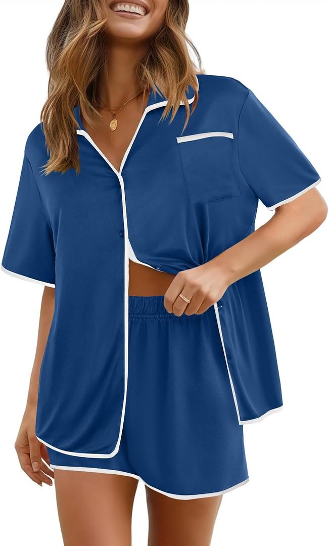 Ekouaer Pajamas Set for Women Short Sleeve Casual Sleepwear Button Down Pj Sets Shorts Soft Loungewear for Summer,S-XXL (Blue, S)