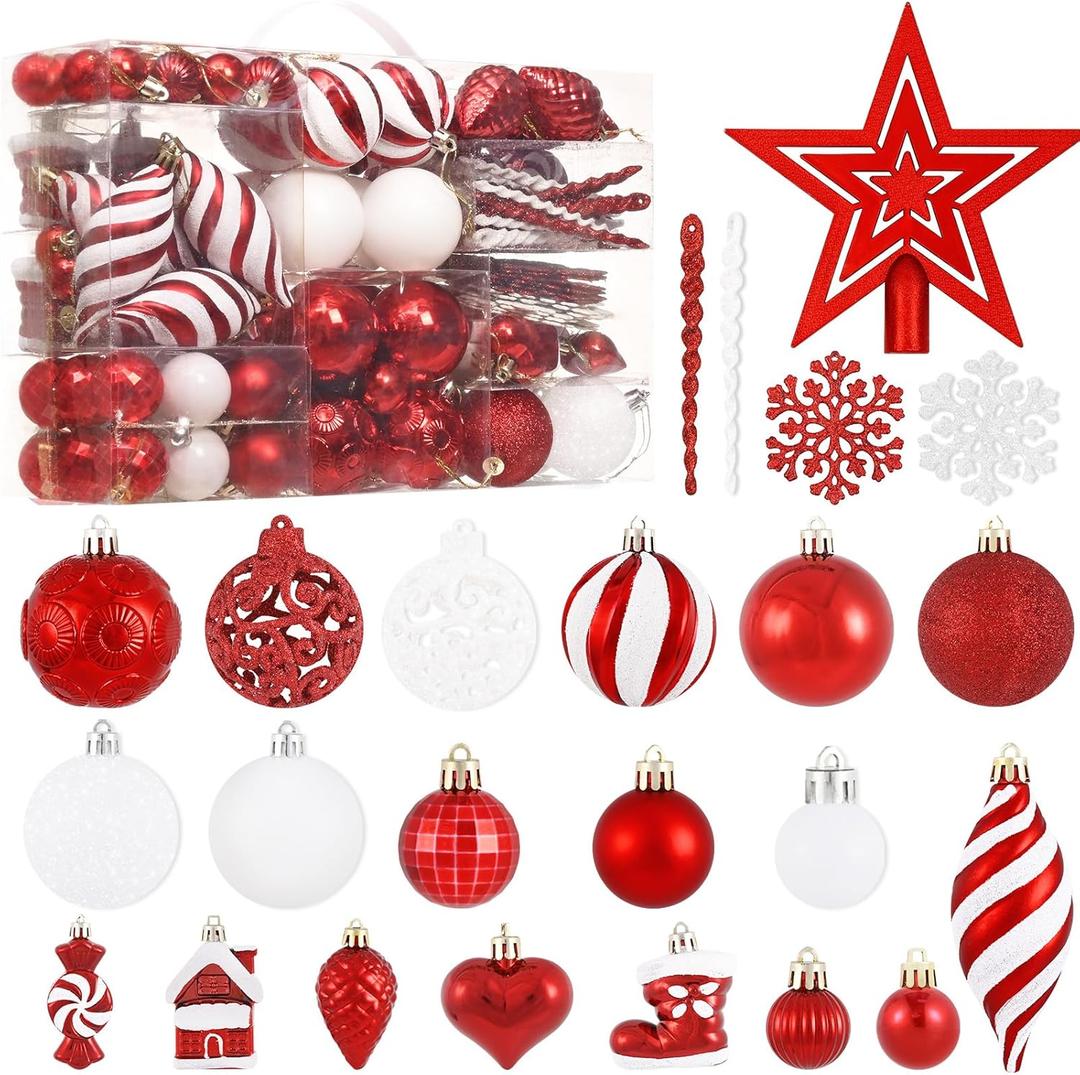 128 Pcs Christmas Ball Ornaments Set - Shatterproof Plastic Red Christmas Tree Balls for Tree Decor, Holiday, Wedding, Party