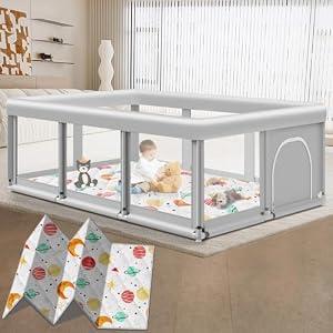 Large Baby Playpen with Mat, 74" ×50", Large Play Yards Indoor & Outdoor, Sturdy Safety Baby Play Pen with Soft Breathable Mesh, Toddlers Play Pen with Anti-Slip Base, Mat Included