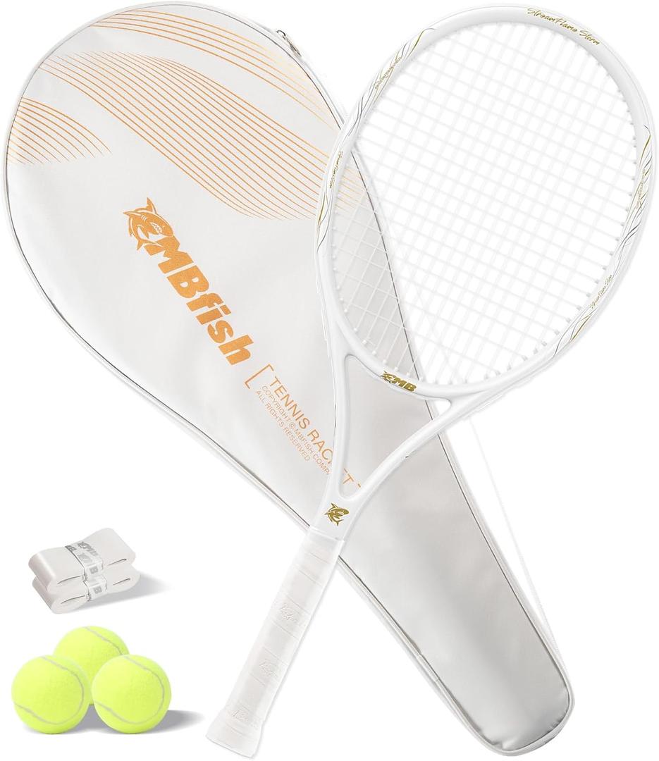 Tennis Racket - Super Value Set with Pre-Strung, Comfortable Handle, 27'' Tennis Racquet for Adults, Includes 3 Tennis Balls, 2 Overgrips and 1 Tennis Bag (White)