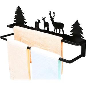 CuteHook Double Towel Bar Wall Mounted with Cute Deer Pattern Easy Installation Organizer for Towel Bathroom Hotel Bath Towel Shelf Towel Rack No Rust Matte Black Finish Decorative Hooks