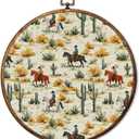 HUGANE Vintage Western Rodeo Horse Round Wall Art Decor, Southwestern Cowboy Equestrianism Desert Cactus Hanging Canvas Framed Prints Wall Sculptures for Home Bedroom Living Room Decor, 10x10 Inch