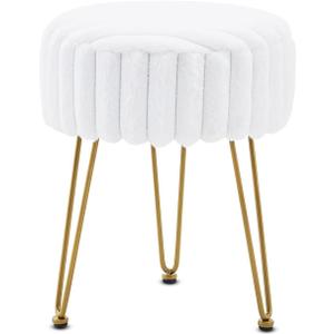 Vanity Stool,Faux Fur Ottoman Foot Stool, Dressing Table Seat with Metal Leg Vanity Chair for Bedroom, Living Room, Entryway, Offices (White)