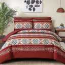 Anibedding Red Comforter Set Queen 7 Pieces Boho Bed in a Bag, Burgundy Aztec Striped Comforter Set with Sheets, Soft Microfiber Reversible Western Bedding Set for All Season