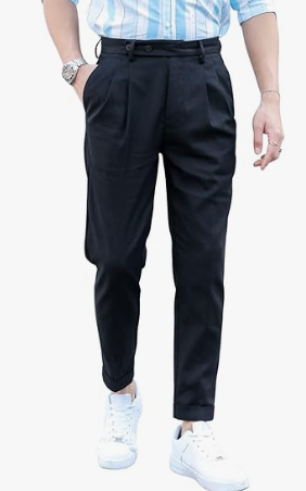SweatyRocks Men's High Waist Fold Pleated Crop Suit Pants Work Office Business Long Trousers with Pockets, Black, Large