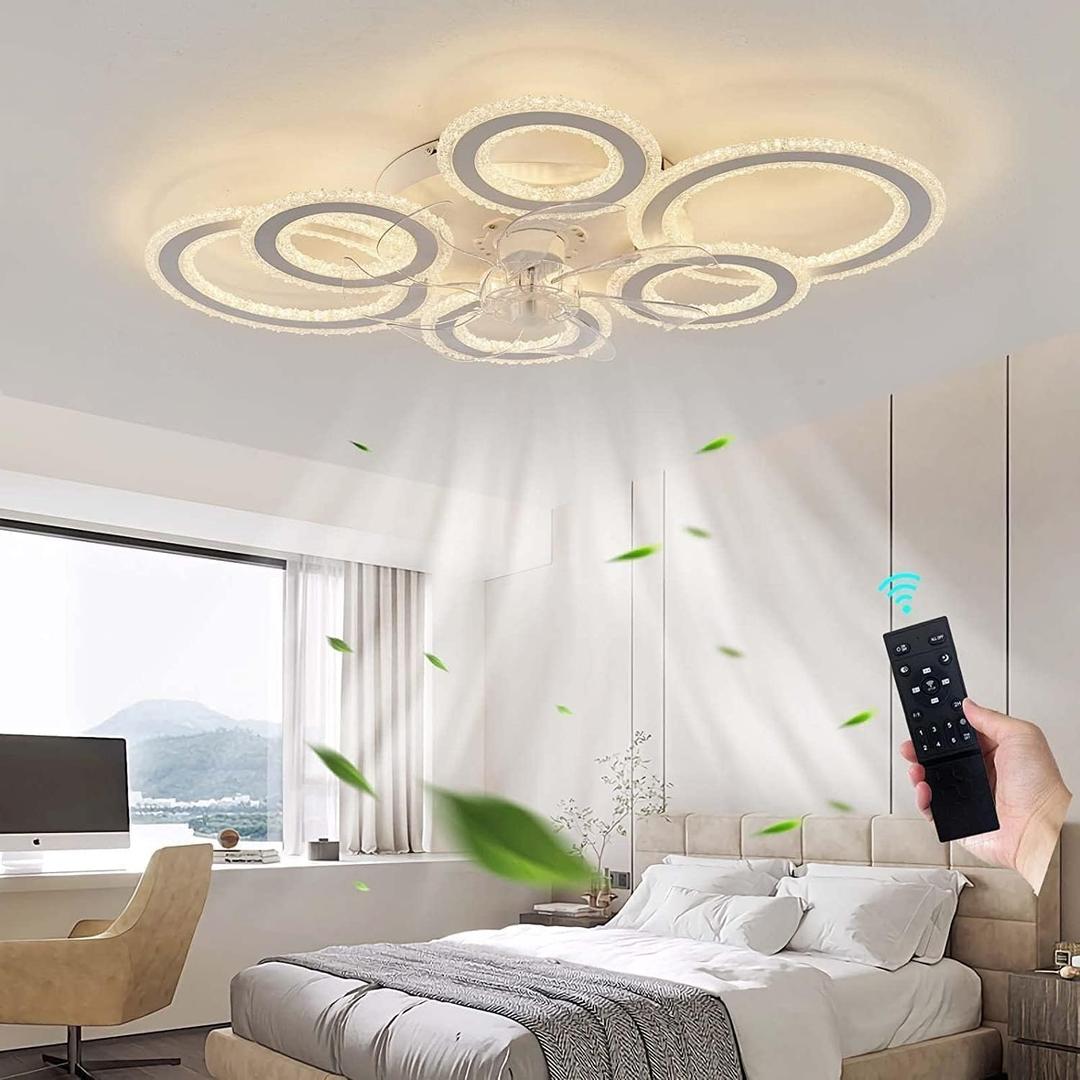76CM Smart Ceiling Light with Fan DC Motor 6 Gear Reversible Bedroom Ceiling Fan with Lighting LED Dimmable Quiet Modern Living Room Lamp with Fan (Color : White)