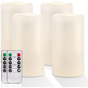 Homemory 6" x 4" Large Waterproof Outdoor Flameless Candles with Remote Control and Timer, Battery Operated Flickering LED Pillar Candles for Indoor Outdoor Lanterns, Porch, Long Lasting, Set of 4 (Ivory White)