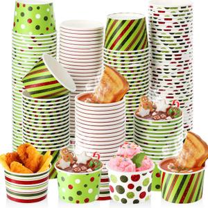 LemonRoad 200 Pcs Christmas Treat Snack Dessert Cups 9 oz Disposable Double Coated Hot Ice Cream Cups Red Green White Polka Dot Striped for Food Soup Hot Cold Drink Xmas Party Supplies