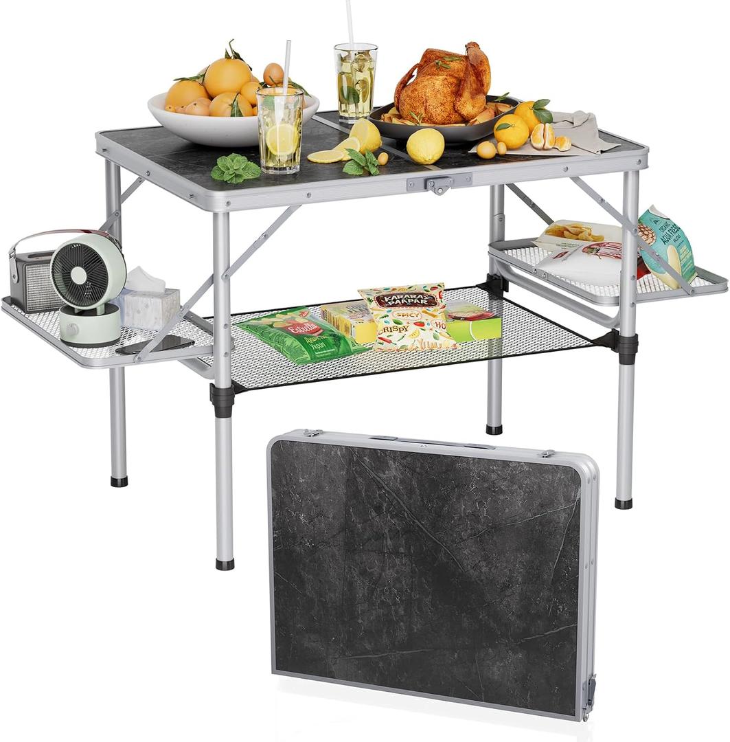 Titanker Folding Camping Table 3ft, Large Camp Table Portable with Extra Side Racks & Storage Net, Folding Picnic Table, Outdoor Patio Table, RV/Car Camping Essentials, Aluminum, Silver, L