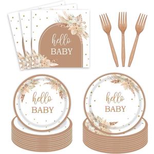 96pcs Boho Baby Shower Party Plates and Napkins Tableware Set for 24 Guests Bohemian Pampas Grass Floral Rainbow Arch Party Dinnerware Supplies Favors Decorations for Hello Baby Events