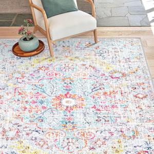 Estmy Washable Rug 5x7 Ultra Thin Colorful Boho Floral Oriental Area Rugs for Bedroom Living Room Dining Room Kitchen Entryway Dorm - Stain Resistant Vintage Distressed Carpet Accent Rugs (4'11" x 6'11" (Rectangular))