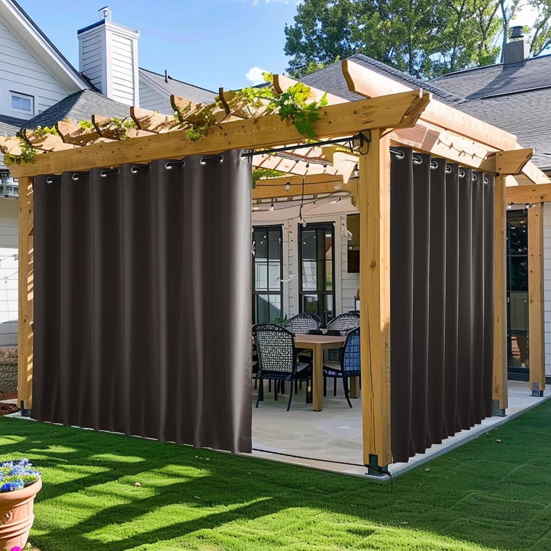 NICETOWN 2 Panels Outdoor Curtains for Patio Waterproof & Windproof, Extra Wide Grommet & Back Tab on Top & Bottom Thermal Insulated Sun Blocking Drapes with Rope for Deck, Toffee Brown, W100 x L84