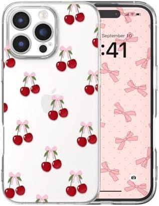 MUWBKPI for iPhone 16 Pro Max Case Cute Bow Cherry Aesthetic Clear Ribbon Pattern for Women Girls, Girly Transparent Soft Slim TPU Bumper Shockproof Protective Cover - Big Cherries
