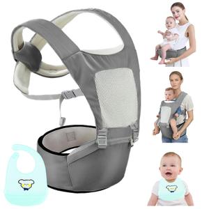 Baby Carrier with Hip Seat,Safety-Certified 2-in-1 Baby Carrier Newborn to Toddler, Adjustable Detachable Infant Hip Seat for Baby 44lbs, Comfortable Lightweight, Baby Bibs for Boys and Girls, Gray