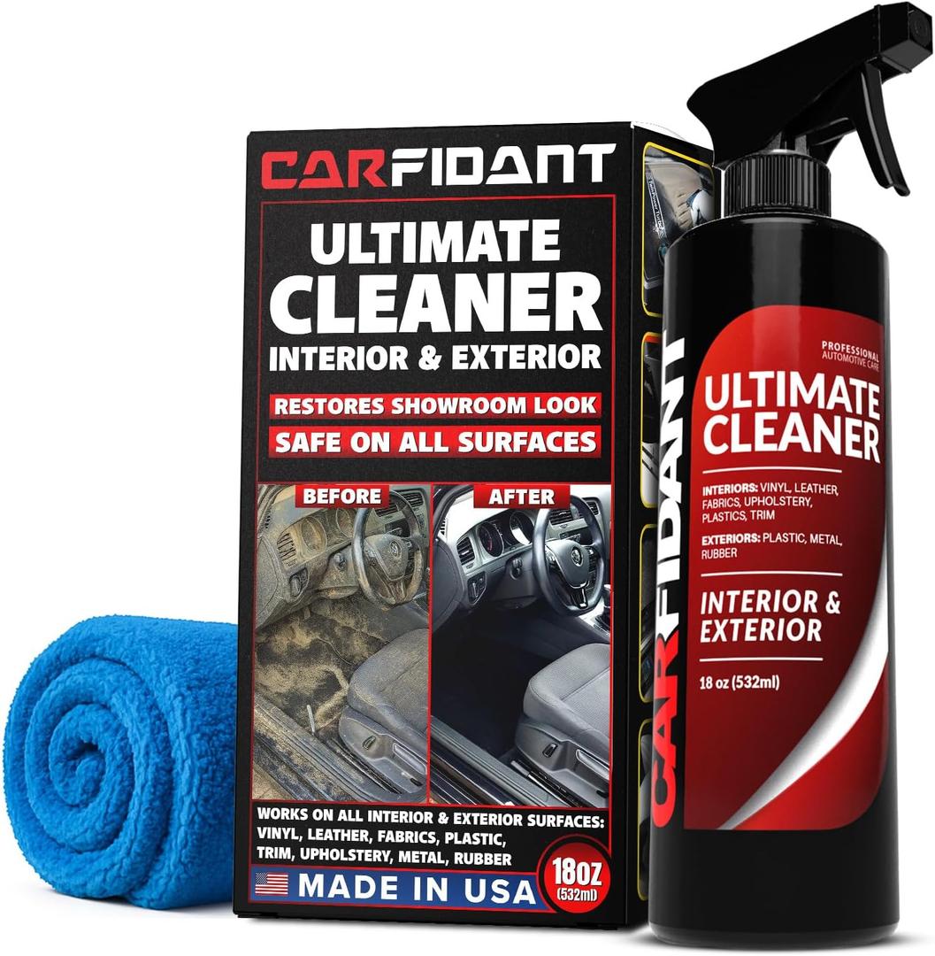 Carfidant Interior Car Cleaner  Upholstery & Car Seat Cleaner for Deep Cleaning Leather, Fabric, Plastic, Rubber - 18oz All-in-One Car Cleaning Kit & Interior Detailer Spray