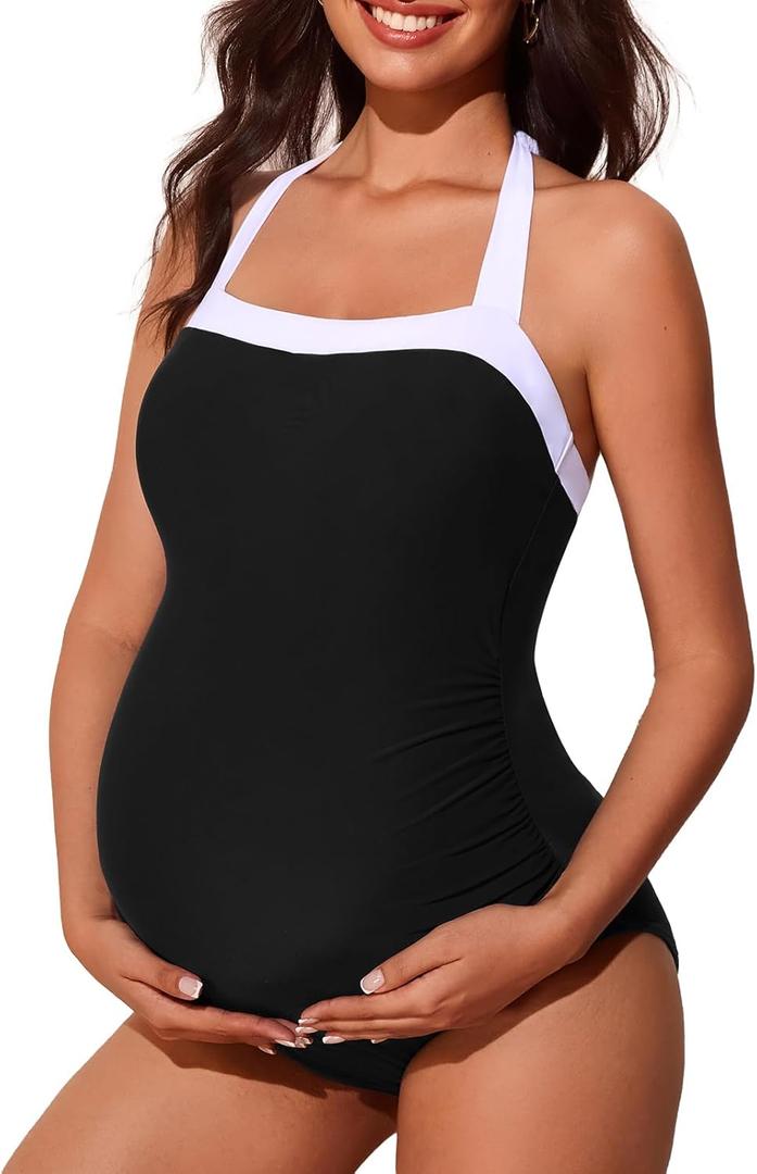 Summer Mae Maternity Swimsuits One Piece Halter Pregnancy Swimwear Color Block Bathing Suit for Women Black 12