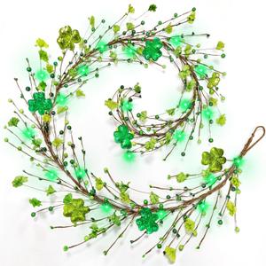Timer -Lighted St Patrick's Day Garland St Patricks Day Decorations, 6 Ft Shamrocks Garland 20 Green Lights Berries Leaves Artificial Clover Garland Irish St. Patrick's Day Decor for Home Mantle Table