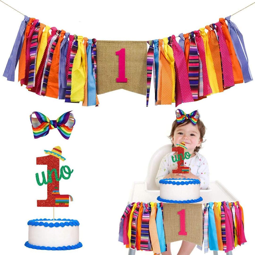 Mexican Fiesta 1st Birthday Party Decor, Mexican Cinco De Mayo Theme First Birthday Highchair Banner UNO Glitter Cake Topper & Hair Bow for Cactus Taco Bout First Birthday Photo Props Party Supplies