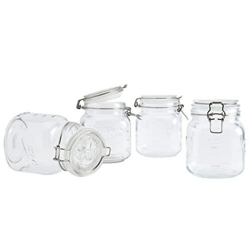 Mason Craft & More Airtight Kitchen Food Storage Clear Glass Clamp Jars, 2 Pack 1 Liter Clamp Preserve Jars